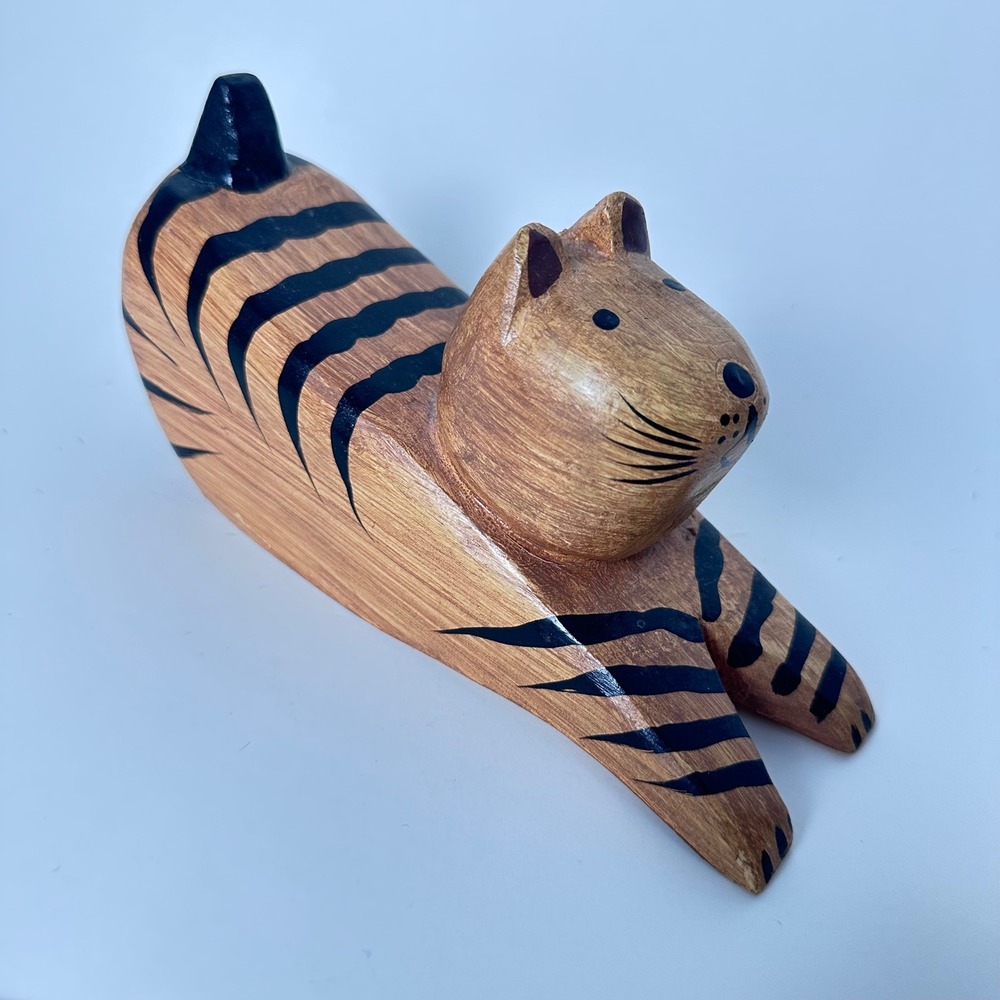 Vintage Hand Carved Wooden Cat Figurine Stretching Tiger Stripe Folk Art Decor